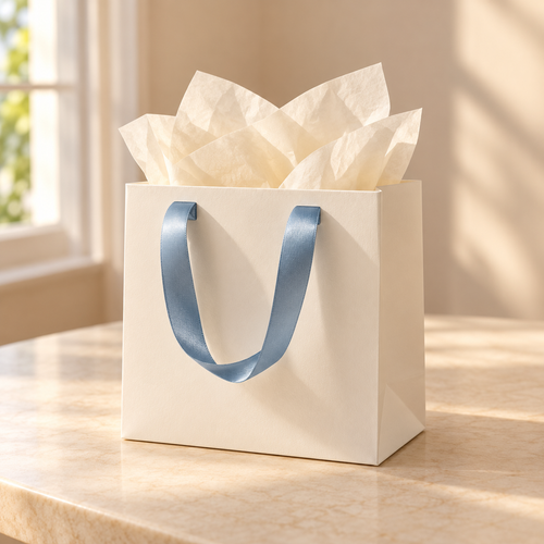 AI-generated concept of ivory gift bag with blue ribbon handles