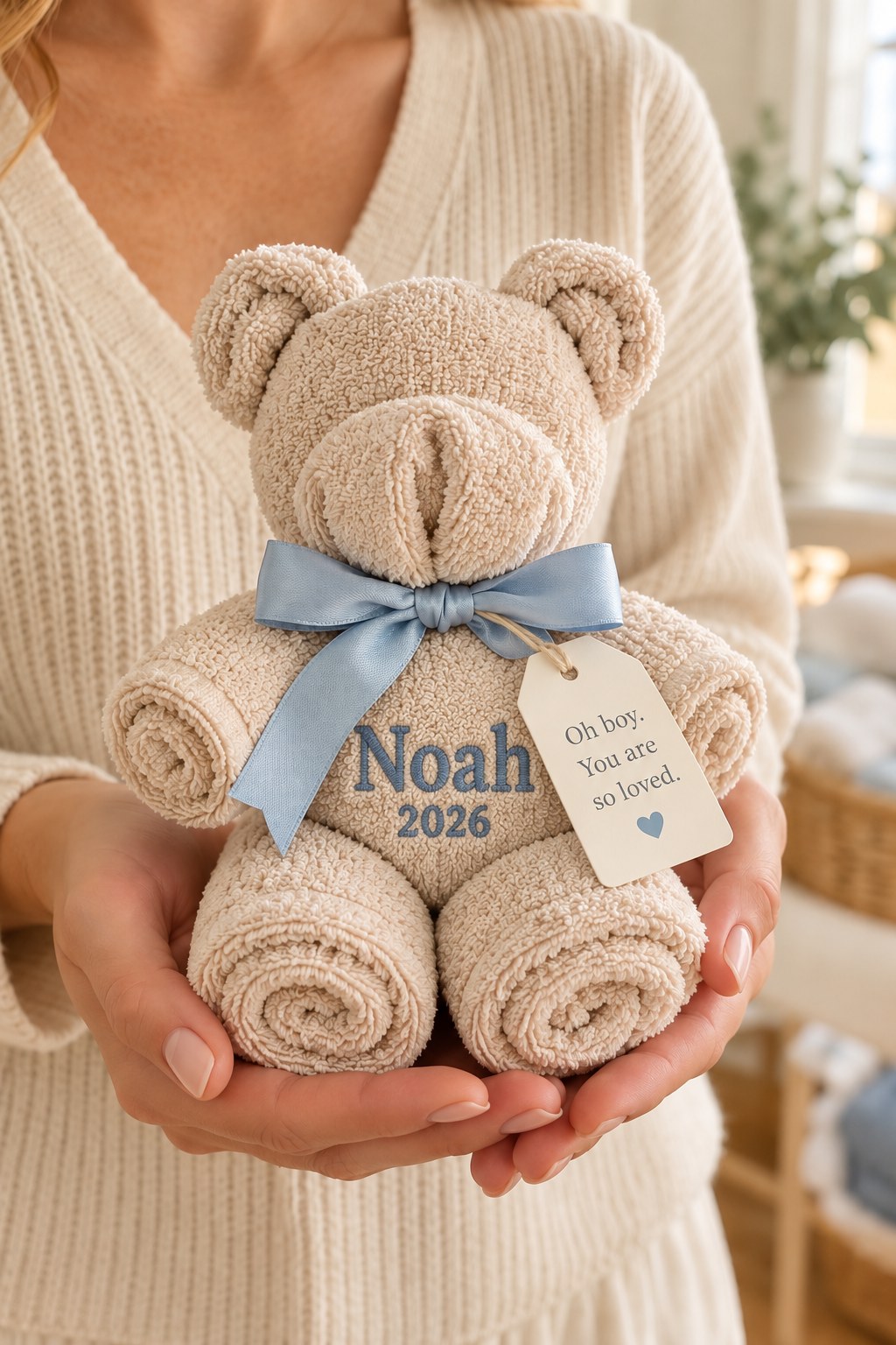 AI-generated concept of the approved towel bear with blue bow and Noah 2026 embroidery